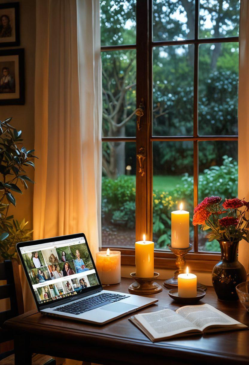 A serene and cozy home setting, featuring an open online journal on a laptop, surrounded by family photos and religious symbols. A soft glowing candle illuminates the scene, creating a warm ambiance. A family of diverse backgrounds is seen engaging in heartfelt discussion around a table, with a window showing a peaceful garden outside. Emphasize a feeling of connection and spirituality. cozy painting. warm colors. natural light.