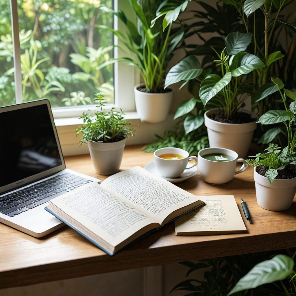 A serene digital workspace featuring a laptop open to an online journal with soothing nature graphics in the background, surrounded by plants symbolizing growth. A warm light gently illuminates the scene, conveying a sense of peace and reflection. In the foreground, a steaming cup of herbal tea and a journal with handwritten notes represent personal and community connections. Incorporate symbols of faith subtly like a small cross or a spiritual book nestled among the plants. 3D, warm colors, soft focus.