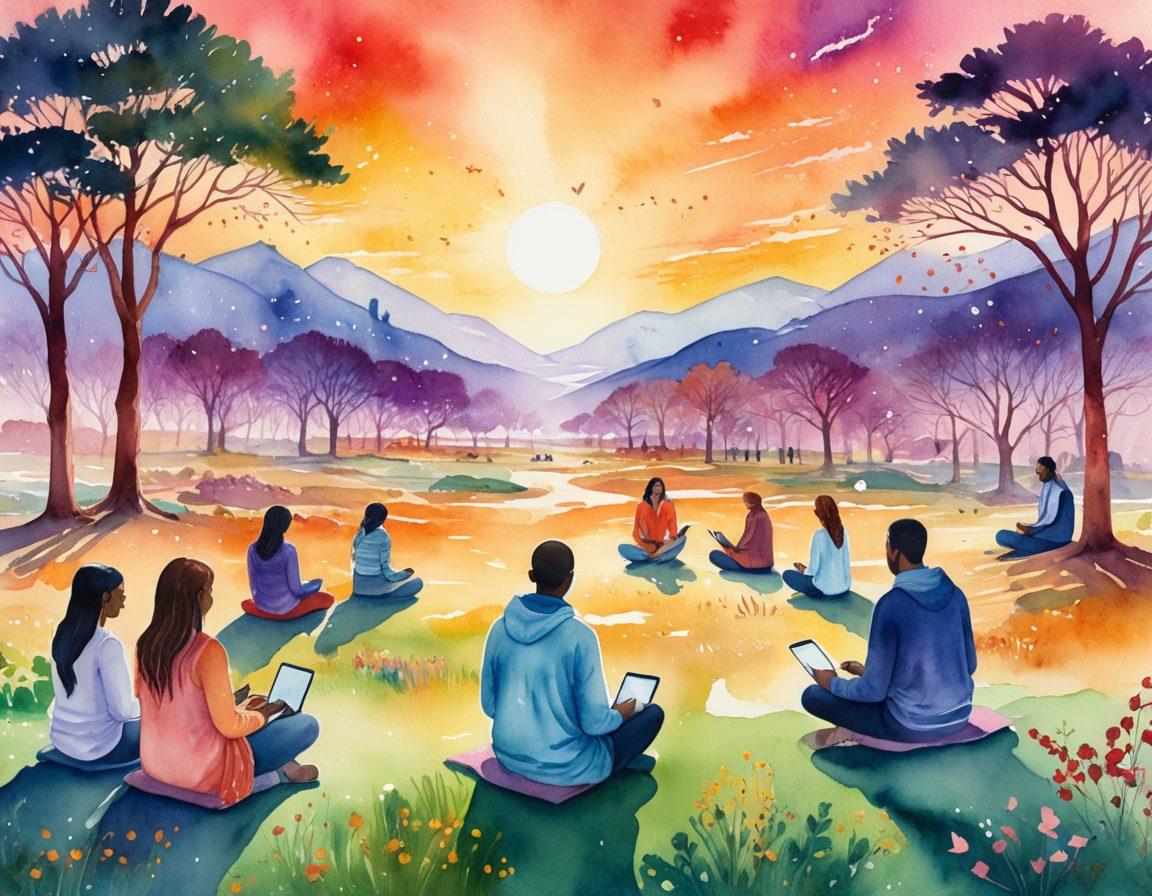 A vibrant digital landscape depicting diverse individuals interacting through various devices, symbolizing connection and support within a faith community. Include elements like virtual prayer circles, social media feeds with uplifting messages, and glowing hearts to represent love and unity. The setting should convey warmth and inclusivity, with an ethereal glow enveloping the scene. watercolor illustration. vibrant colors. soft focus.